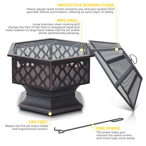 livivo-hexagonal-fire-pit-outdoor-oil-rubbed-bronze-fire-pit-with-bbq-grill-metal-poker-iron-mesh-ember-and-spark-guard-screen-140123171