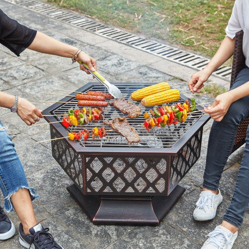 livivo-hexagonal-fire-pit-outdoor-oil-rubbed-bronze-fire-pit-with-bbq-grill-metal-poker-iron-mesh-ember-and-spark-guard-screen-140123172