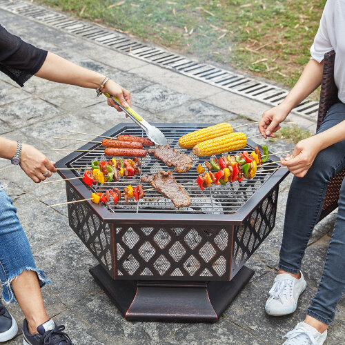 livivo-hexagonal-fire-pit-outdoor-oil-rubbed-bronze-fire-pit-with-bbq-grill-metal-poker-iron-mesh-ember-and-spark-guard-screen-140123174