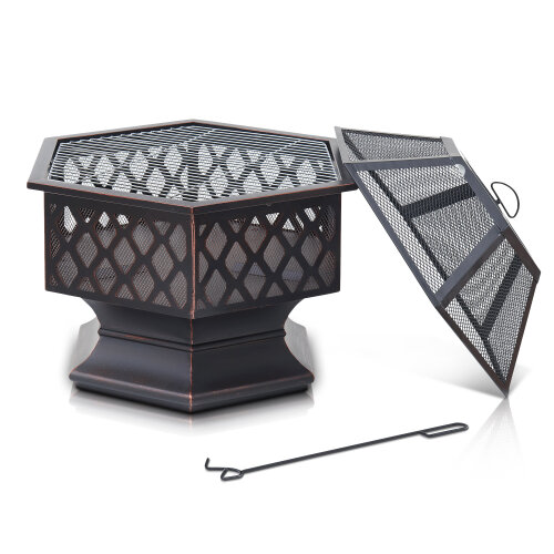 livivo-hexagonal-fire-pit-outdoor-oil-rubbed-bronze-fire-pit-with-bbq-grill-metal-poker-iron-mesh-ember-and-spark-guard-screen-140123178